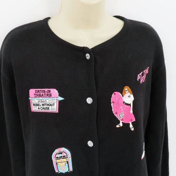 Tia Designs Womens Medium Sock Hop 1950s Embroidered Button Cardigan Sweater VTG - Picture 2 of 10